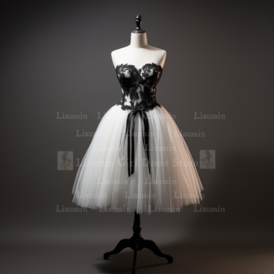White tulle and black lace edge applique short length lace up evening dress formal occasion elagant clohing hand made w1-1.5