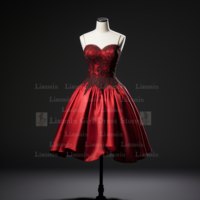 Red and Black Lace Edge Applique Short Length Lace Up Evening Dress Formal Occasion Elagant Clohing Hand Made Custom W1-2.3 - Thumbnail 1
