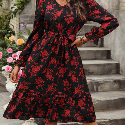 Women's sexy waist floral long sleeve dress - red