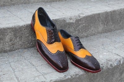 Handmade Designer Dress Shoes Men's Black & Camel Wingtip Oxford Shoes