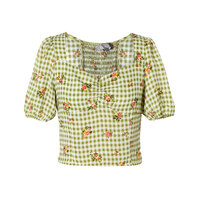 Pastoral style fresh plaid floral square collar puff sleeve casual shirt - Thumbnail 1