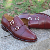  Crafted Leather Burgundy Double Monk Strap Dress Shoes - Thumbnail 3