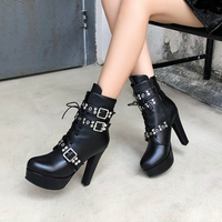Autumn Winter Women's Boots Lace Up High Heel Short Boots Large Size 50 - Thumbnail 4