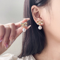 Bowknot Shaped Imitation Pearl Pendant Earrings - Thumbnail 4