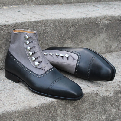 Handmade classic black gray leather men ankle high button dress boot