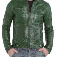 Men LeatherJacket 100% Genuine Biker Motorcycle Green Leather Jacket - Thumbnail 1