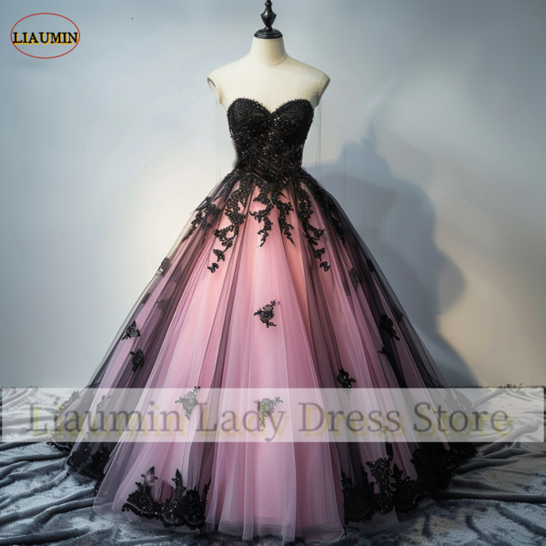 Pink Tulle Black Lace Applique Evening Prom Gowns Floor Length Formal Dress Party Occasion A1-1.5