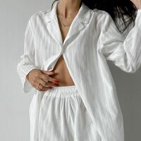Comfortable White Cotton Loose Long Sleeved Shorts and Pajamas Two-Piece Set - Thumbnail 2