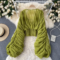 Ladies Fashion Folded Bubble Sleeves Slim Fit Short Chiffon Shirt - Thumbnail 3