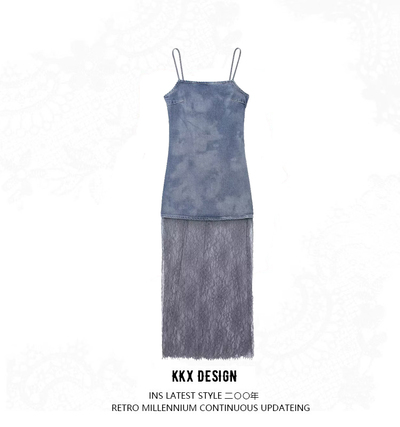 Lace denim patchwork suspender dress