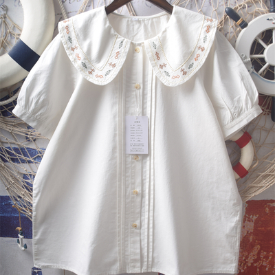 Retro style accordion pleat heavy embroidery doll collar loose short-sleeved blouses