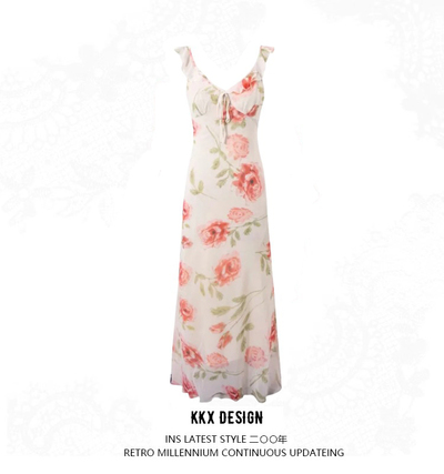 Retro Deep V Neck Ruffled Chest Bow Tie Dress