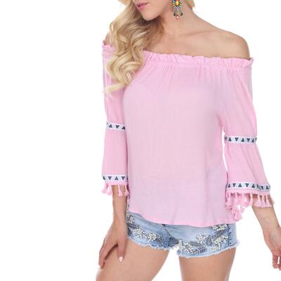 White mark women's smocked neckline peasant top with pom pom trim