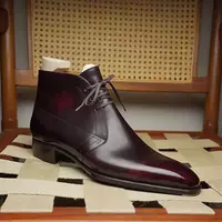 Handmade Men's Burgundy Leather Chukka Chiseled Toe Ankle Lace Up Dress Boots - Thumbnail 4