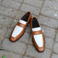 Crafted Leather Classic Brown White Leather Moccasin Loafers Formal Dress Shoes - Thumbnail 2