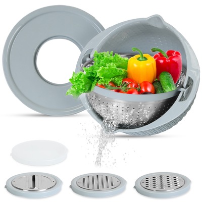 Multifunctional mixing bowl with lid set 3 replaceable graters food strainer and colander fruit vegetable washing basket stainless steel-blue