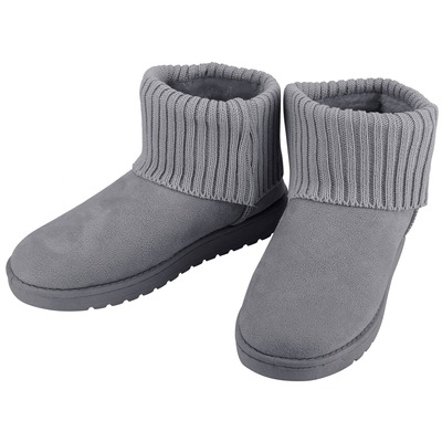 Women Lady Snow Boots Suede Mid-Calf Boot Shoe Short Plush Warm Lining Shoes w/ Anti-slip Rubber Base Knitting Design-Gray-9