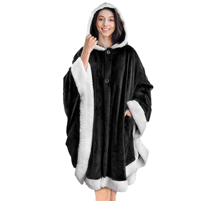 Hoodie blanket wrap wearable hoodie snuggle robe sweatshirt soft lined cuddle poncho cape w/ hat 2 pockets buttons-black