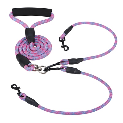 Double dogs leash no-tangle dogs lead reflective dogs walking leash w/ swivel coupler padded handle-pink