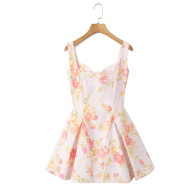 Retro small fresh print floral sexy square neck stitching short dress - Thumbnail 5