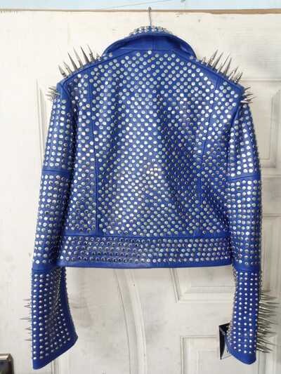 Handmade Men's Awesome Blue Punk Silver Spiked Studded Leather Brando Style Jacket