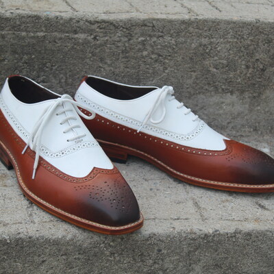 Crafted leather handmade classic brown white leather dress lace up oxford shoes - Thumbnail 4