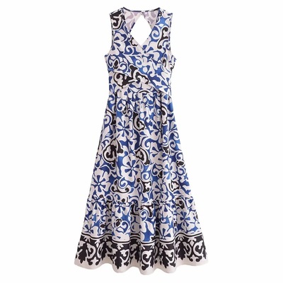 Deep v-neck open back double breasted printed casual maxi dress - Thumbnail 3