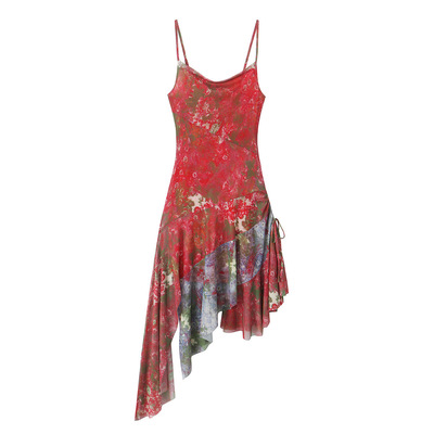 Retro style girl holiday casual irregular sling beach dress - Thumbnail 5