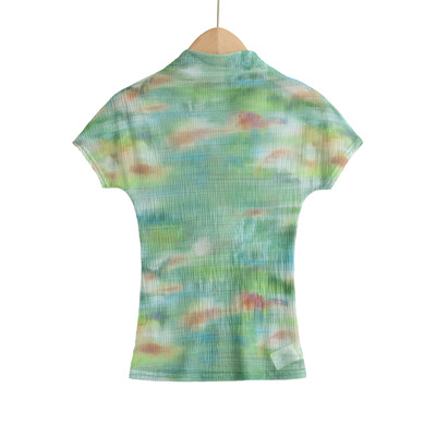 Tie-dye printed wrinkled half-high collar short-sleeved casual bottoming t-shirt