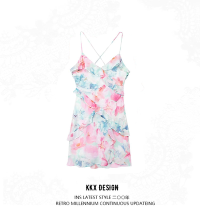 Tiered embellished print mini dress