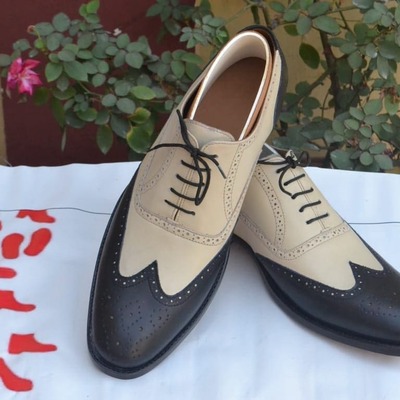 Crafted leather bespoke classic black beige leather wingtip oxford dress formal shoes - Thumbnail 3