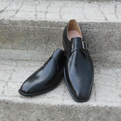 Crafted leather handmade men's classic black crocodile texture leather monk strap dress shoes - Thumbnail 5