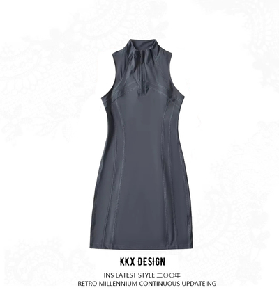 Nude Yoga Tennis Skirt Elastic Quick Dry Golf Sports Stand Collar Solid Color Slim Waist Dress