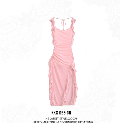 Sexy flying sleeves ruffle stitching temperament mesh dress