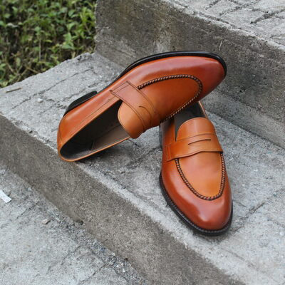 Crafted leather bespoke classic brown leather moccasin loafer formal mens shoes