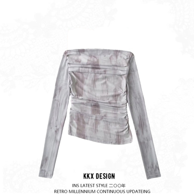 Retro off-shoulder pleated long sleeve t-shirt