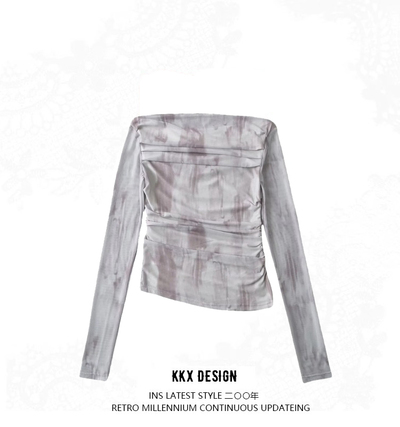 Retro Off-shoulder Pleated Long Sleeve T-shirt