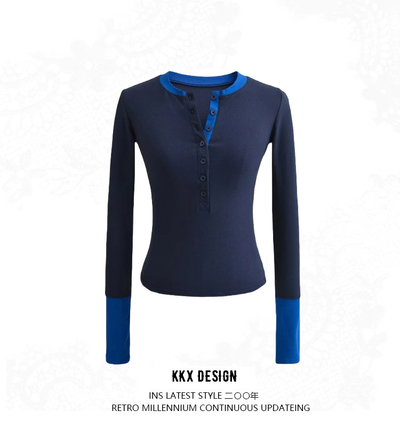 Round neck half-button slim fit bottoming shirt fake two-piece contrast color T-shirt