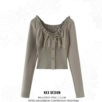 Retro v-neck ruffled long-sleeved sweater