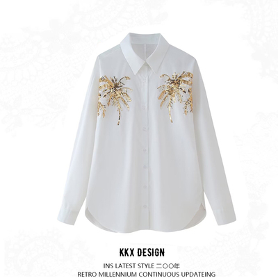 Versatile solid color lapel single-breasted long-sleeved sequin embroidered shirt