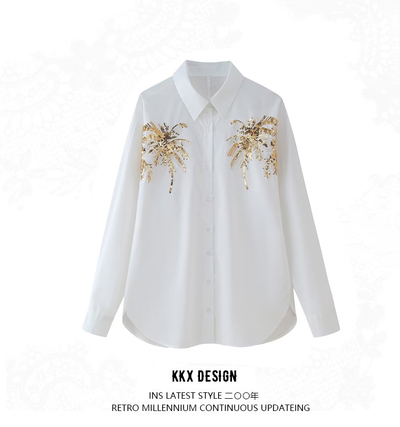 Versatile solid color lapel single-breasted long-sleeved sequin embroidered shirt