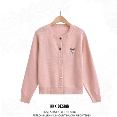 Sweet preppy style bow embroidered knitted cardigan sweater