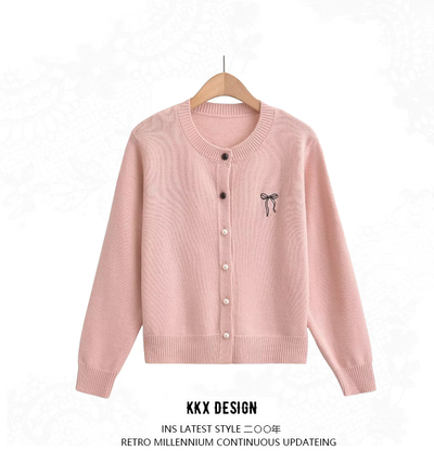 Sweet preppy style bow embroidered knitted cardigan sweater