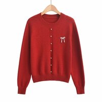 Retro style pearl bow embroidery round neck long sleeve sweater - Thumbnail 2