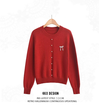 Retro style pearl bow embroidery round neck long sleeve sweater