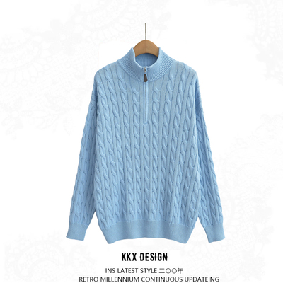 Retro style comfortable casual twist half turtleneck zipper long sleeve knitted sweater