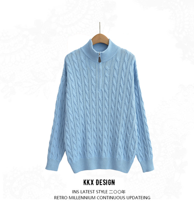 Retro style comfortable casual twist half turtleneck zipper long sleeve knitted sweater