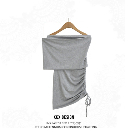 Sexy hip-hugging dress with lapel and beveled drawstring