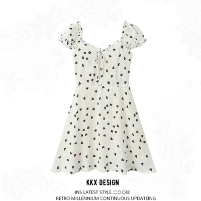 Heart print slim fit lace-up bowknot fly sleeve mini dress - Thumbnail 2