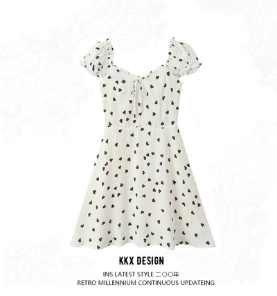 Heart Print Slim Fit Lace-Up Bowknot Fly Sleeve Mini Dress